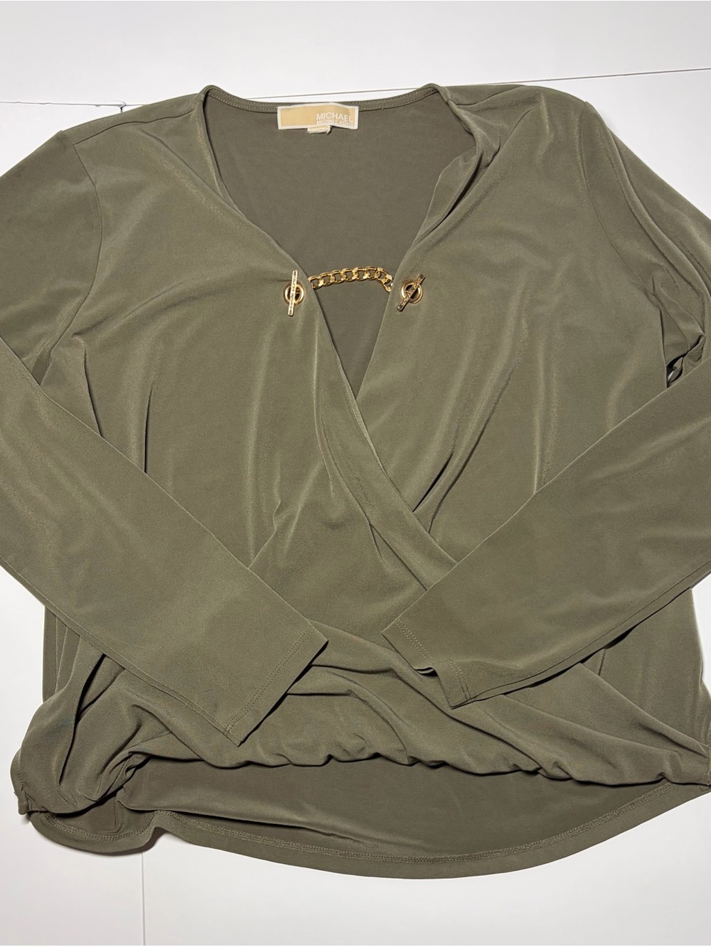MICHAEL Michael Kors Olive Green Long-Sleeve Chain-Accent Wrap Top Size Large